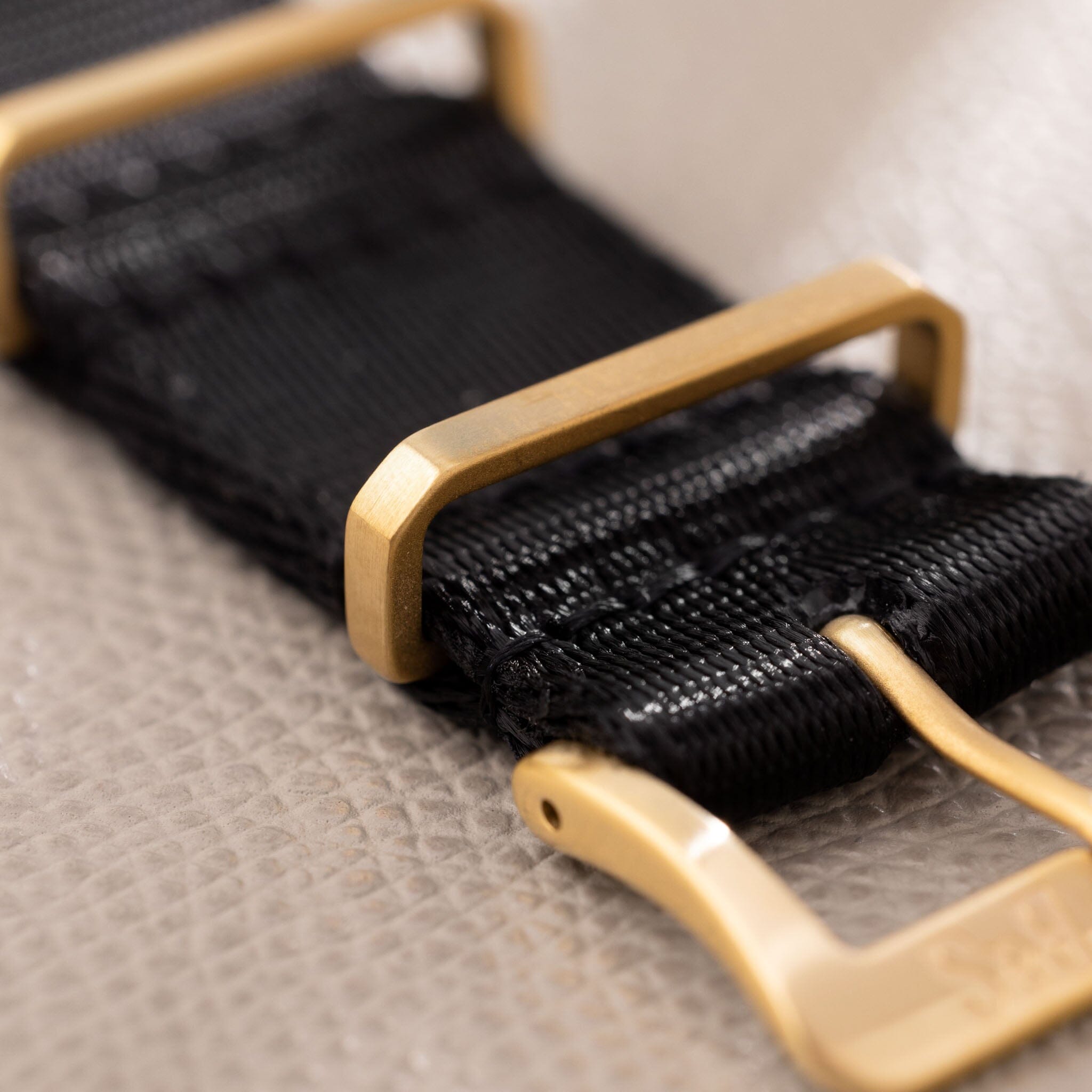 Sample Sale - Deluxe Nylon Single Pass Watch Strap Pure Black - Gold Brushed - 22mm