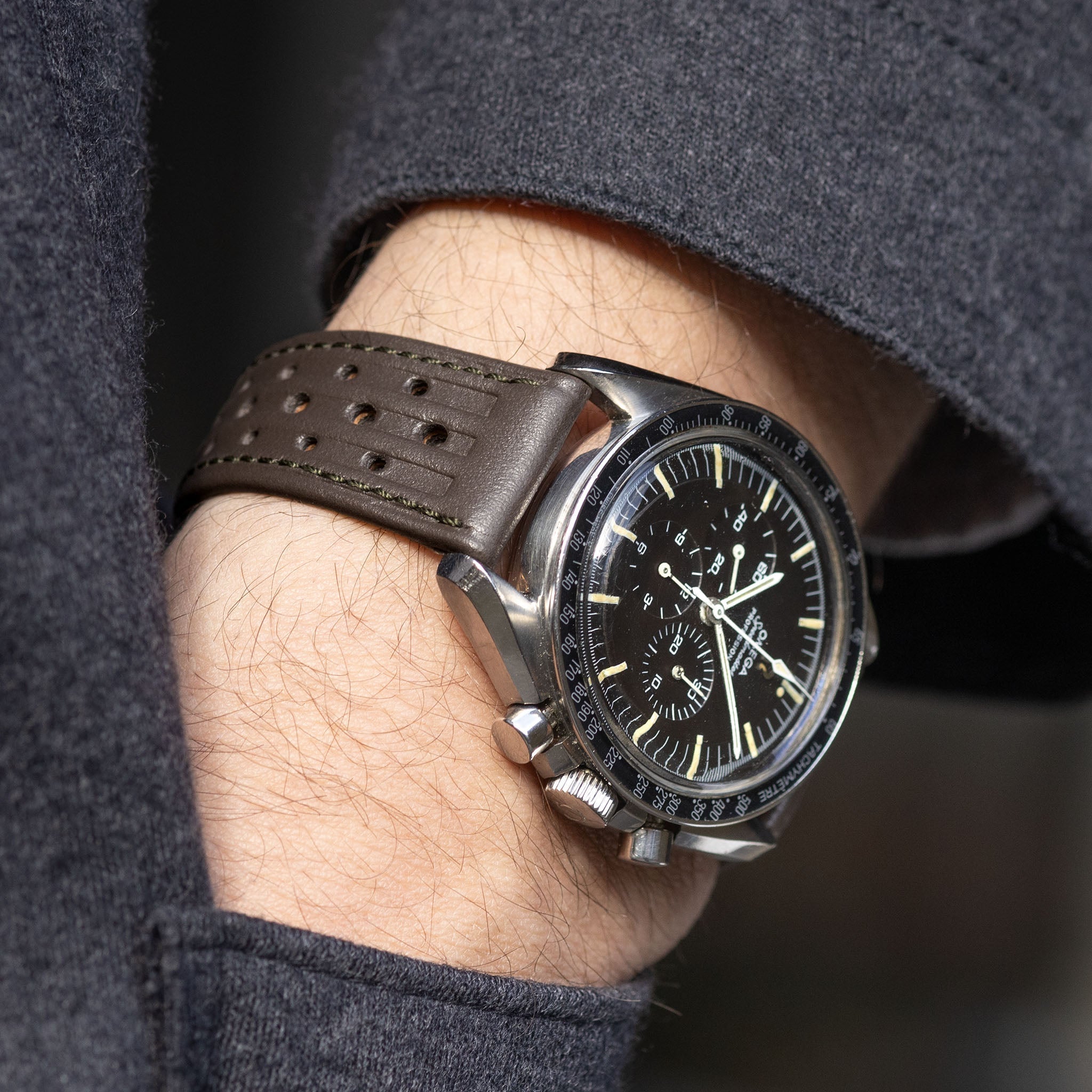 Racing Taupe Kaki Speedy Leather Watch Strap