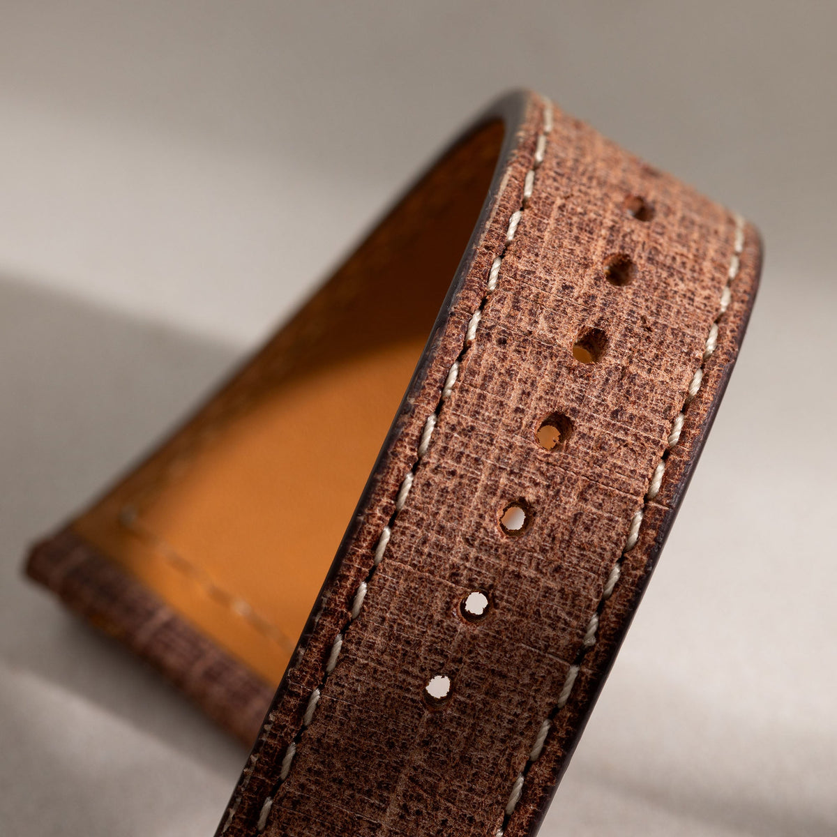 Linen Boxed Leather Watch Strap - Deep Brown