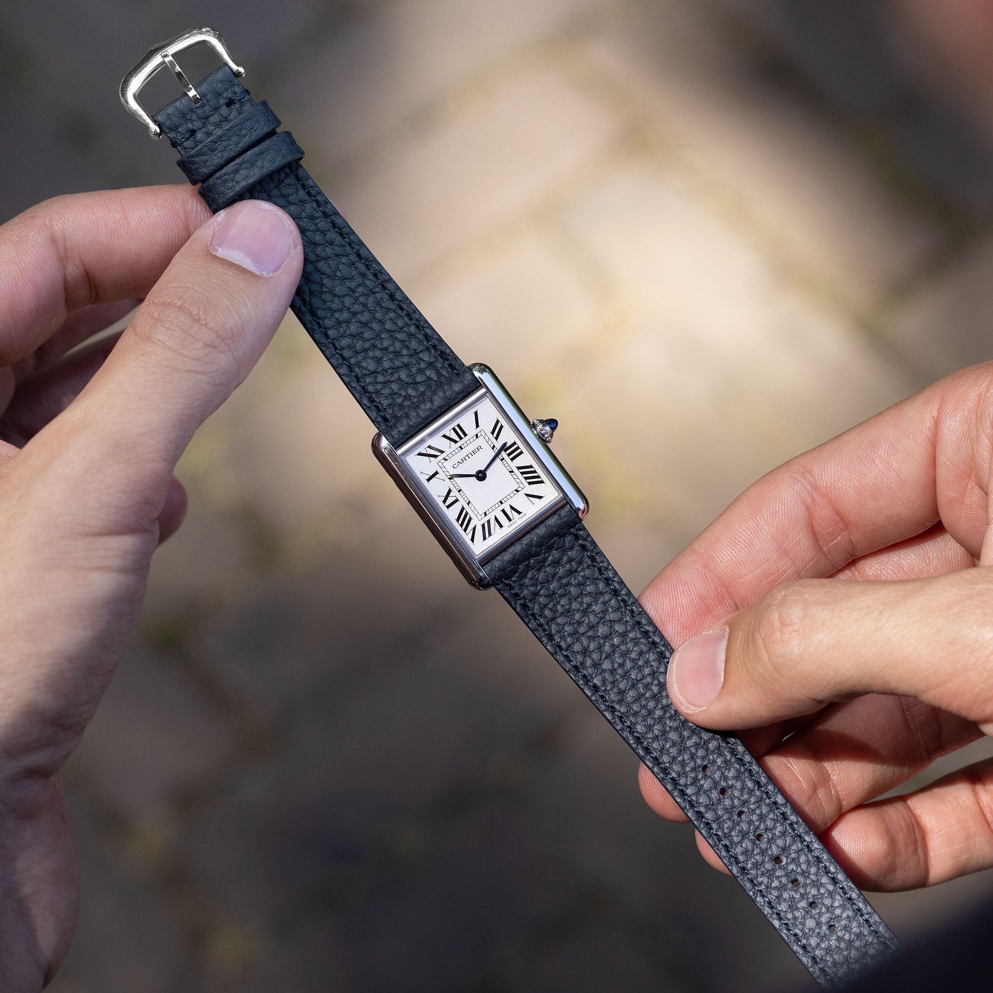 Grana Royal Blue Tonal Leather Watch Strap on Cartier Tank Musk Large