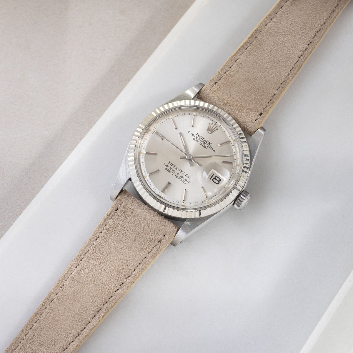 Goatskin Suede Leather Watch Strap - Soft Sand on Rolex Datejust 1601 and 1603
