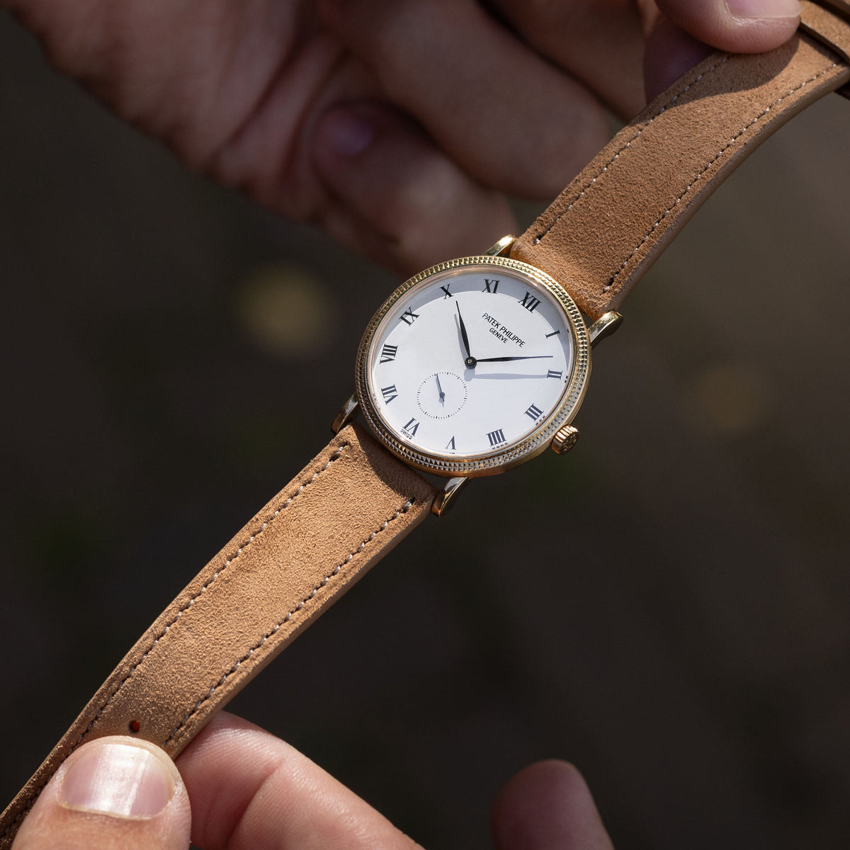 Goatskin Suede Leather Watch Strap - Warm Cognac on Patek Calatrava