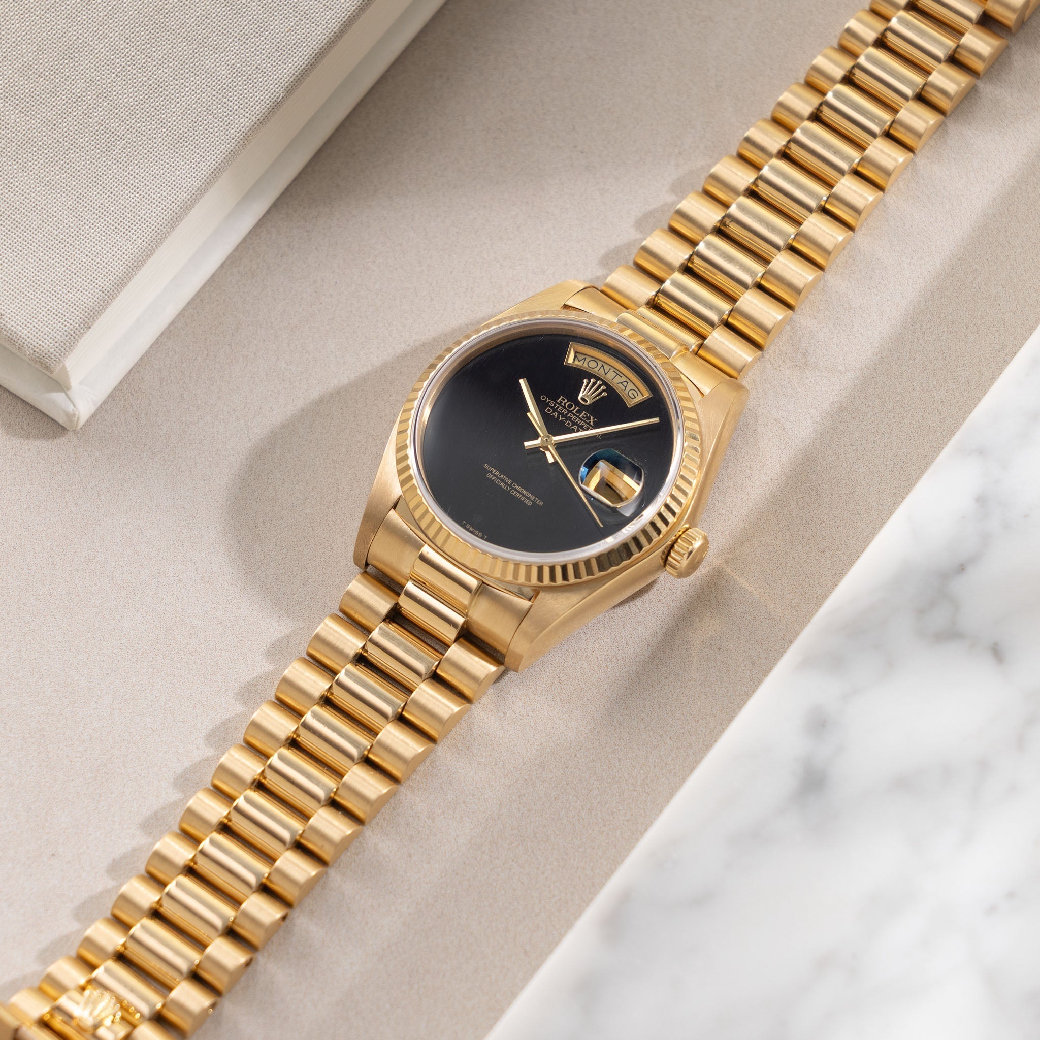 Rolex Day-Date Onyx T Swiss T Dial ref. 18038 in 18k Yellow Gold