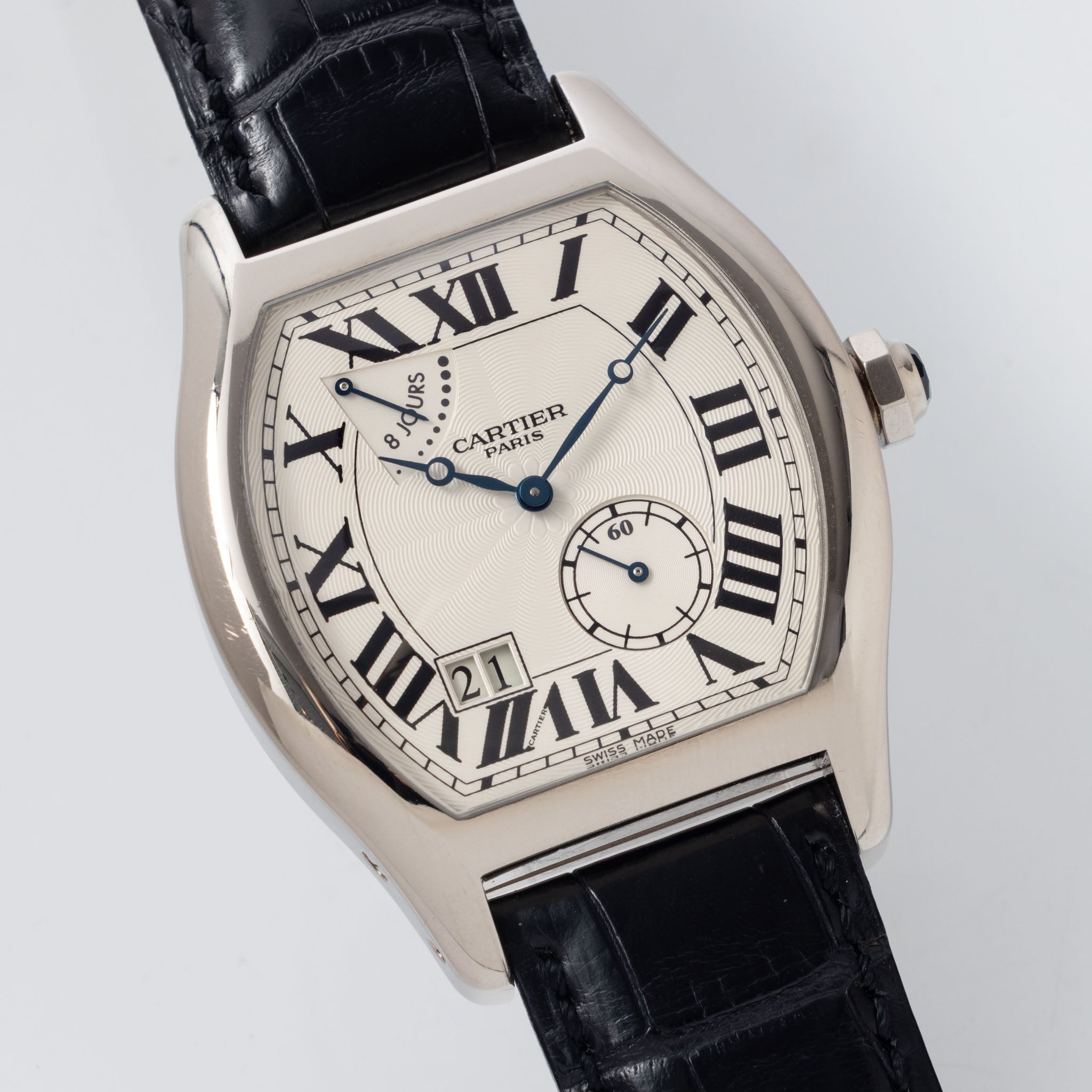 Cartier Tortue XL CPCP 8 days in 18 k white gold ref 2761 Silver Guiloché dial