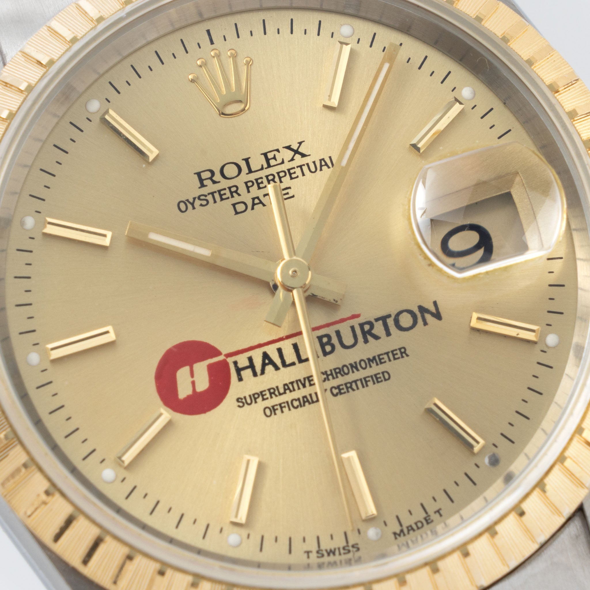 Rolex Oyster Perpetual Date Champagne Halliburton Logo Dial Box and Paper Set in Steel and Gold ref. 15223