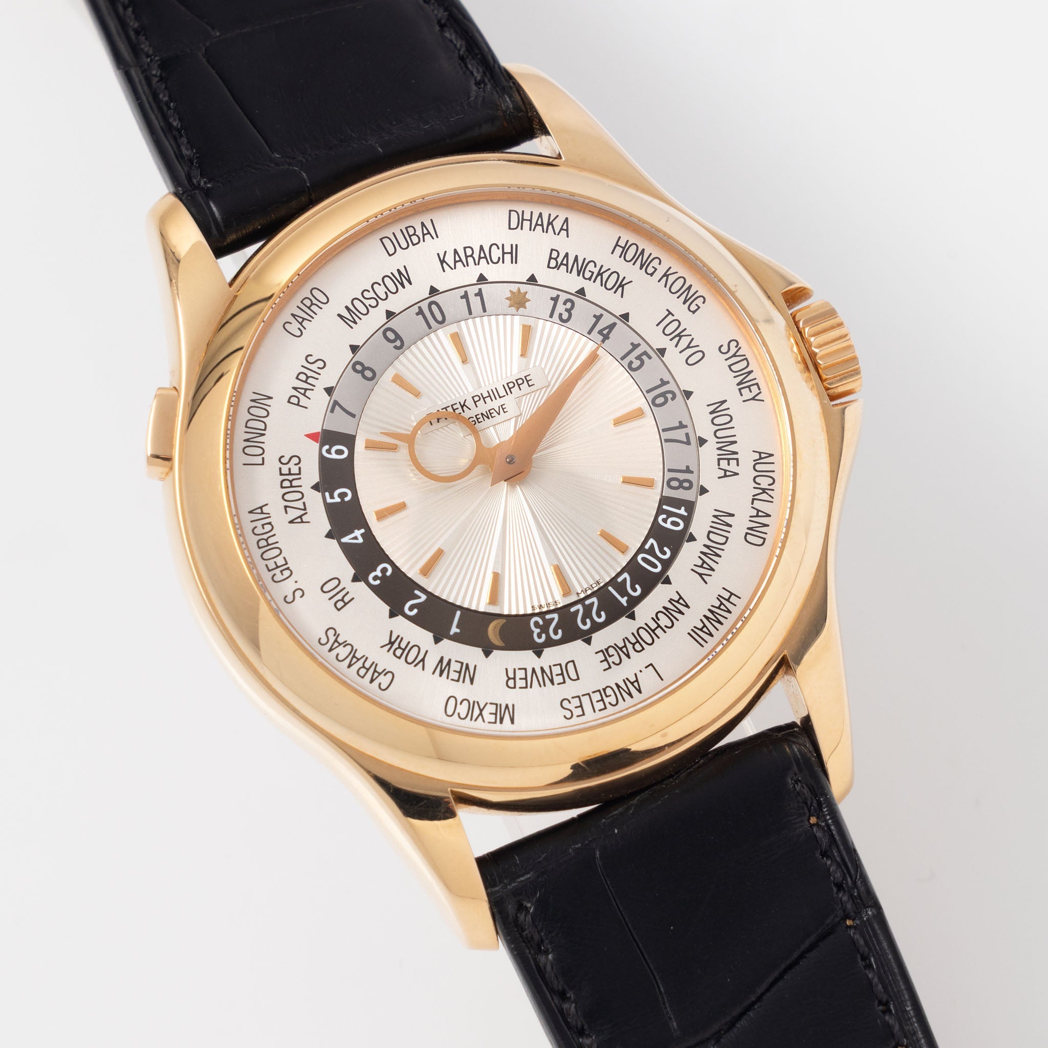 Patek Philippe World Time ref 5130R Guilloché Dial in 18k Rose Gold with Box and Papers