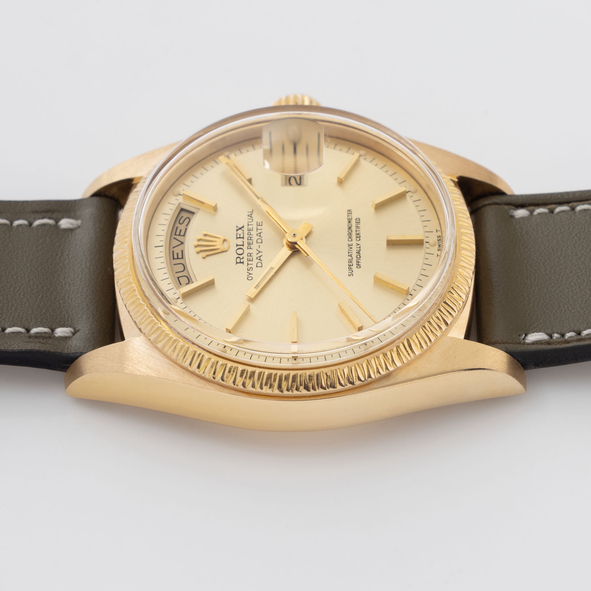 Rolex Day-Date 1807 Bark Finish Champagne Dial in 18k Yellow Gold Box and Paper Set