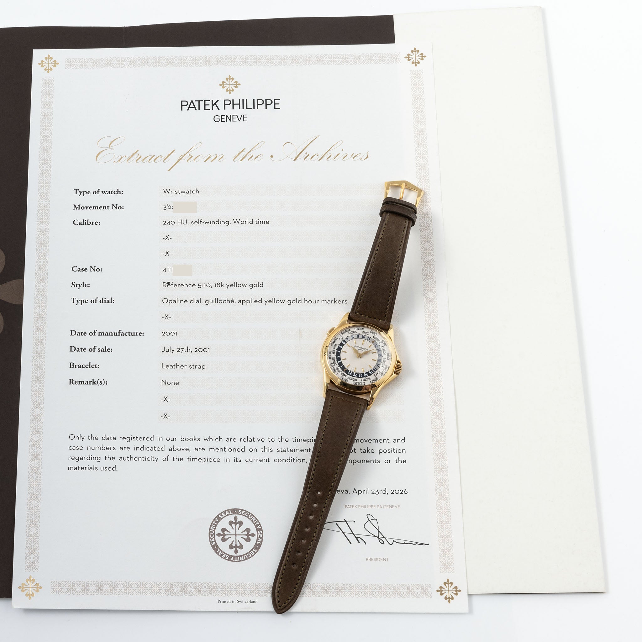 Patek Philippe World Time 5110J Guilloche Dial in 18k Yellow Gold with Extract of the Archives