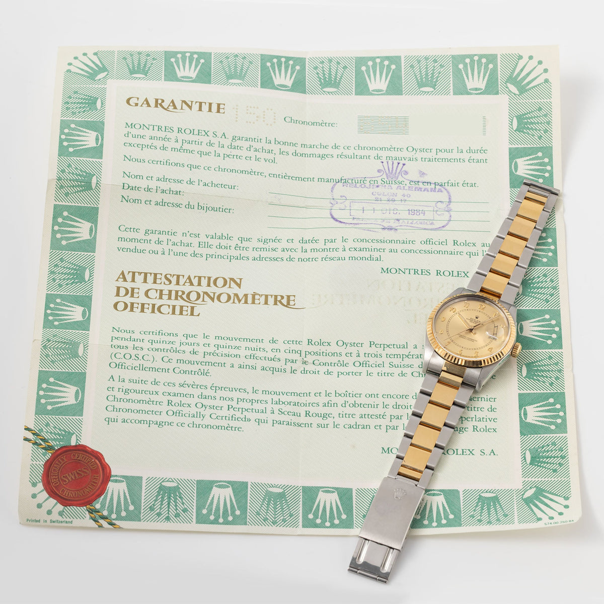 Rolex Datejust 16013 Boiler Gauge Champagne Dial with Original Punched Paper in Steel and Yellow Gold