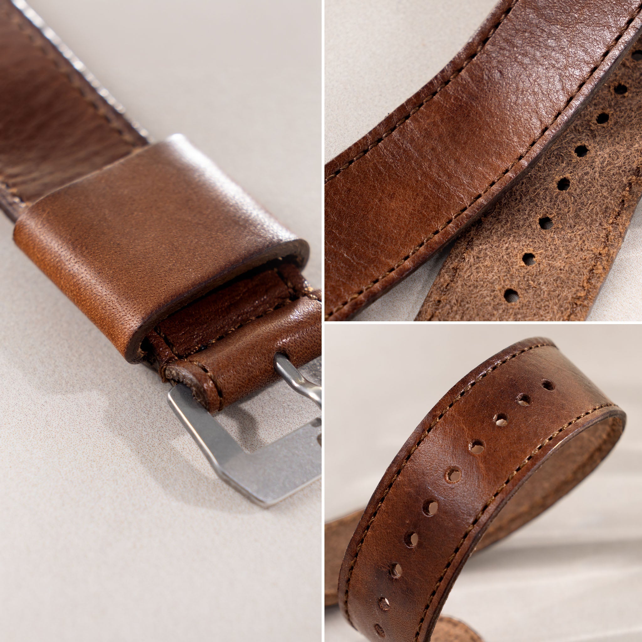 One Piece Single Pass Brown Chestnut Leather Watch Strap