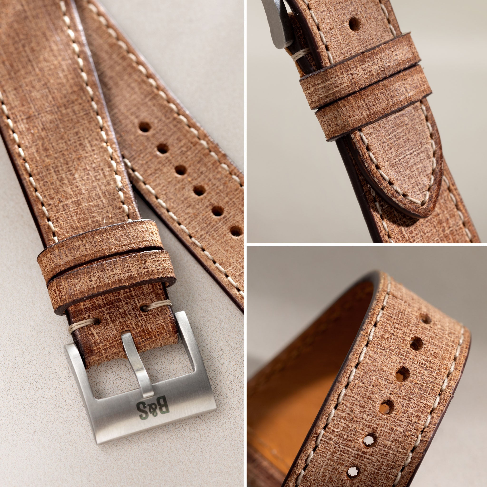 Linen Boxed Leather Watch Strap - Elegant Brown