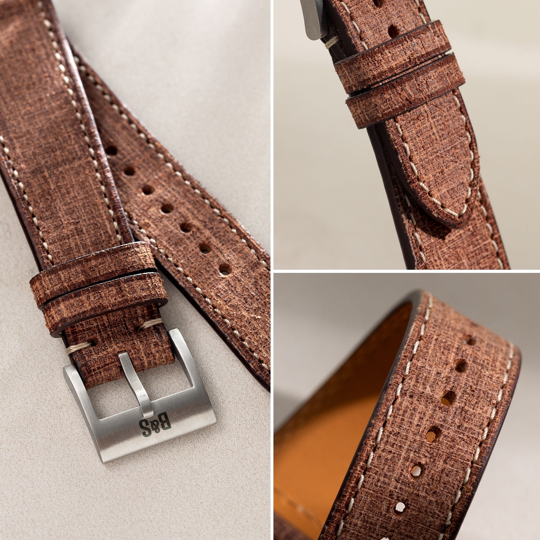 Linen Boxed Leather Watch Strap - Deep Brown