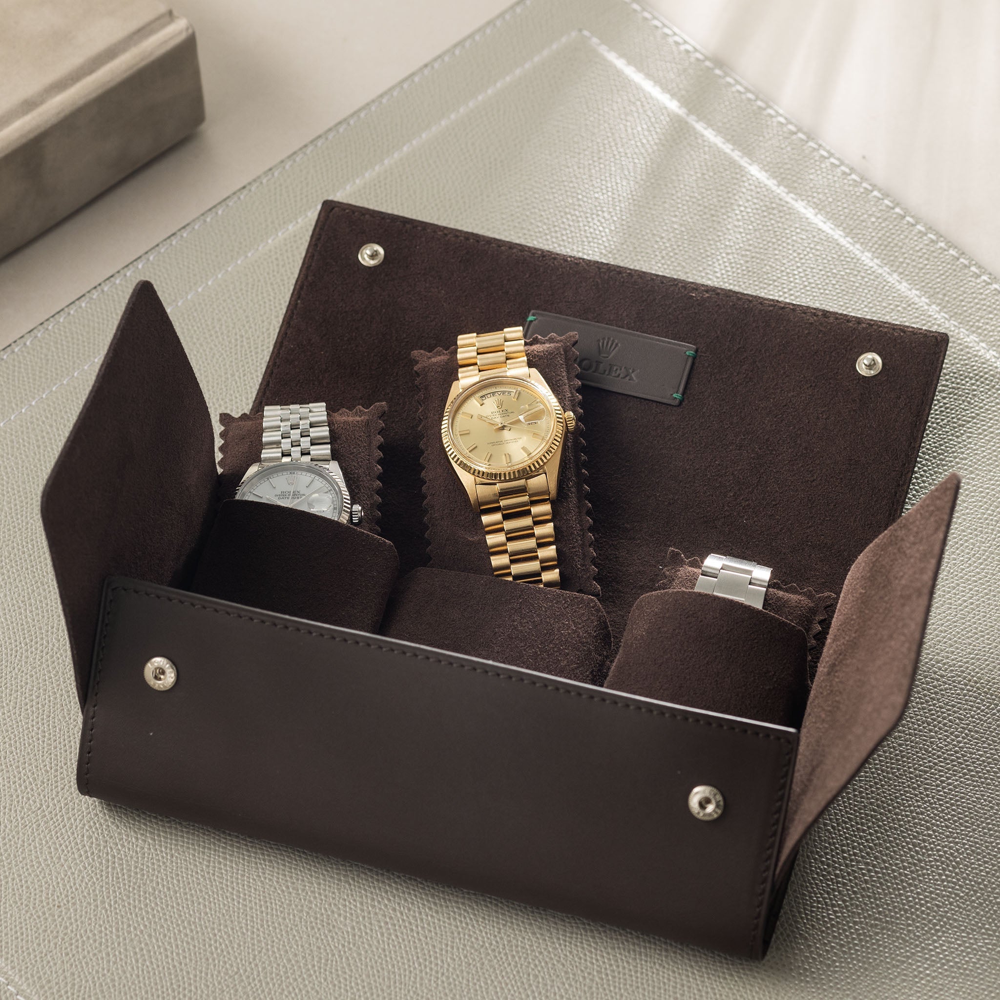 Rolex 3 slots watch pouch in espresso brown leather