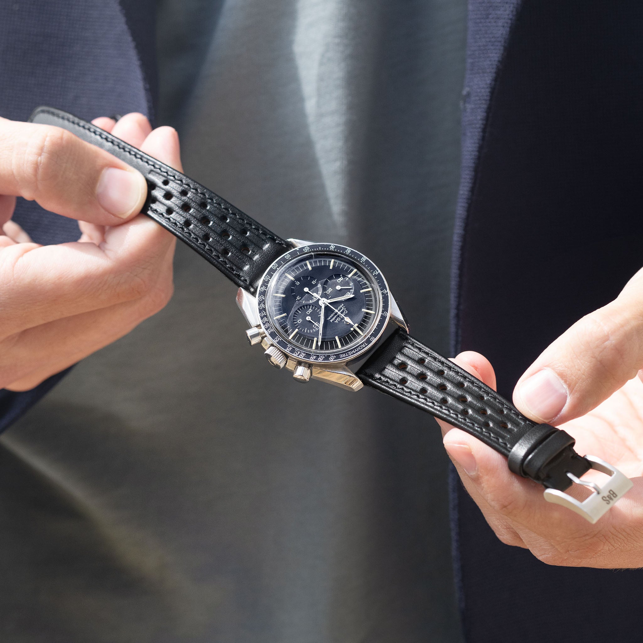 Racing Black Speedy Leather Watch Strap - Change It on a Omega Speedmaster