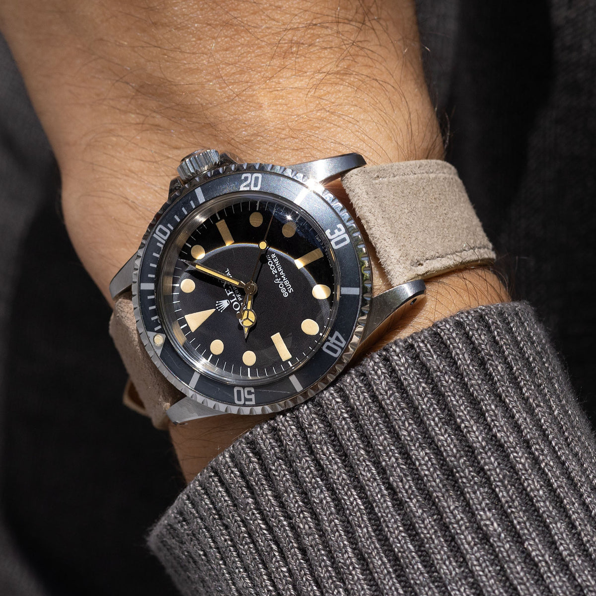 Goatskin Suede Leather Watch Strap - Soft Sand on Rolex 5513 Submariner