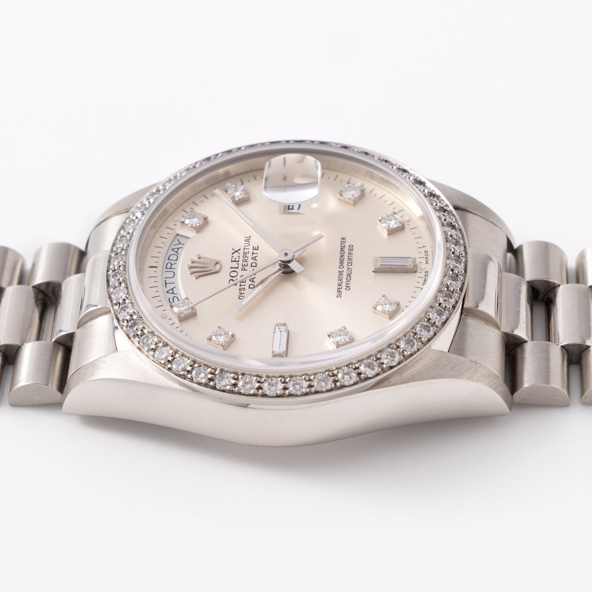 Rolex Day-date silver sunburst big diamond dial ref. 18046 in platinum