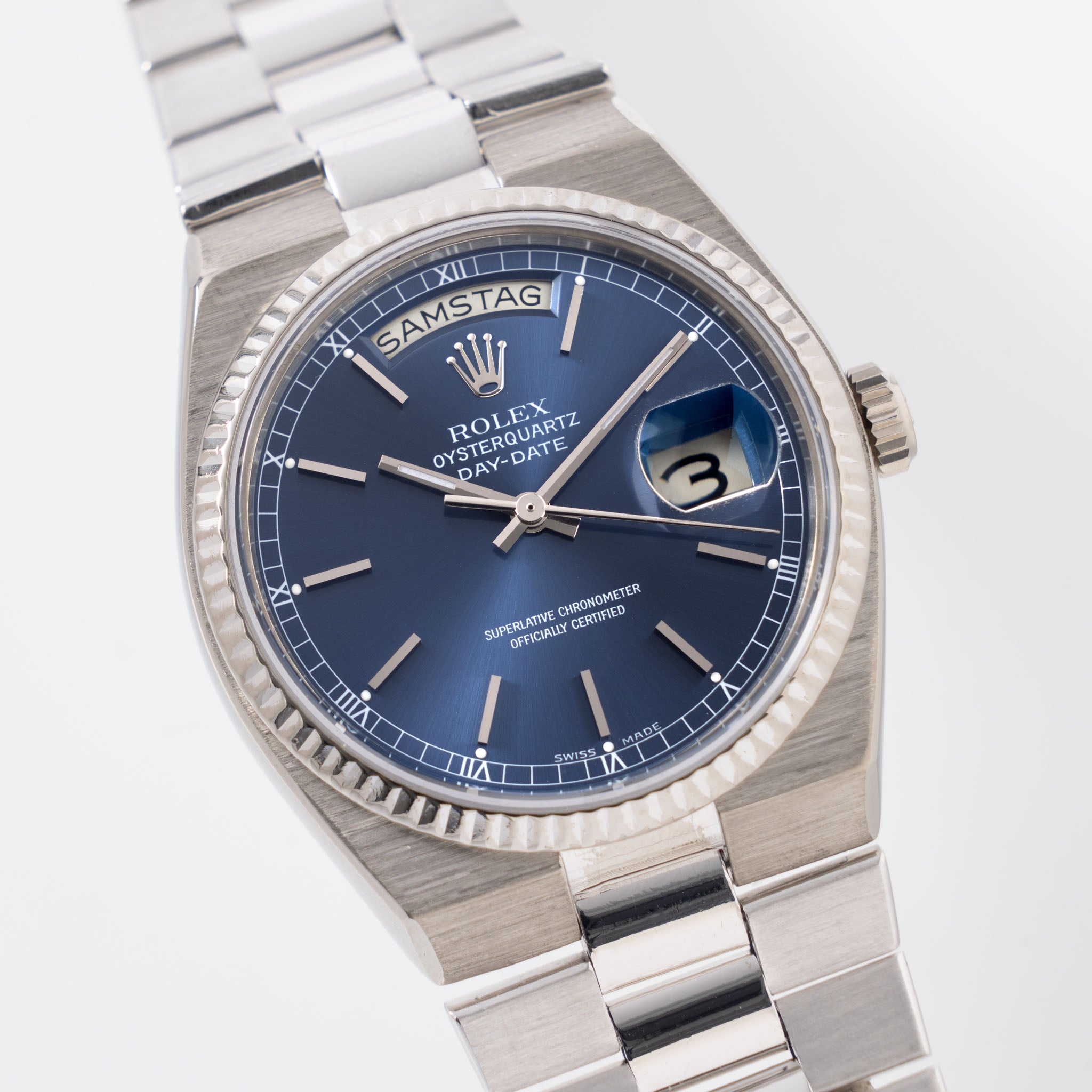 Rolex Day-date "Oysterquartz "in 18 k white gold blue dial ref 19019