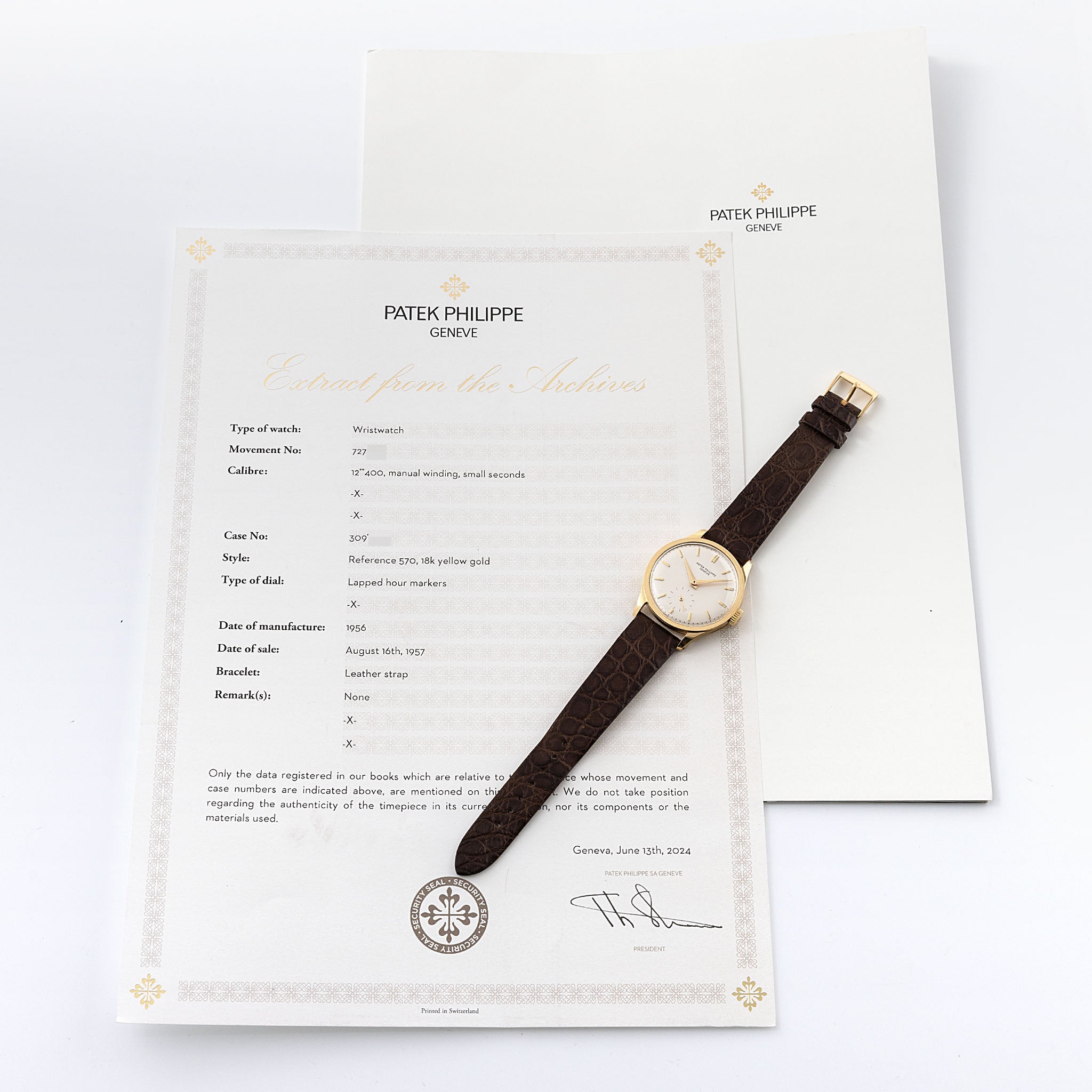 Patek Philippe Calatrava in 18k Yellow Gold Ref. 570J Silver Dial with Extract of the Archives