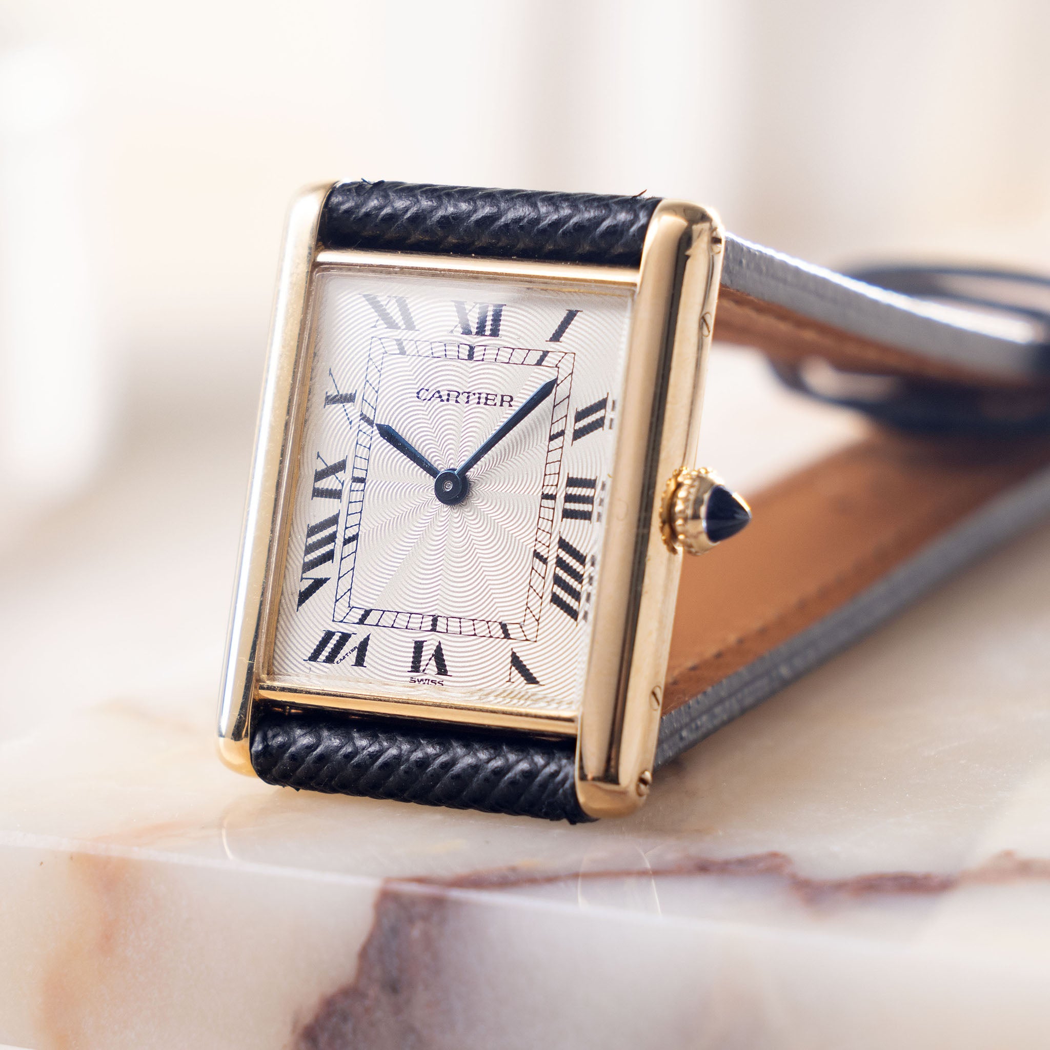 Cartier Tank Louis Manual Wound Ultra Thin in 18K Yellow Gold Silver "Guilloché" Dial Ref. 96065