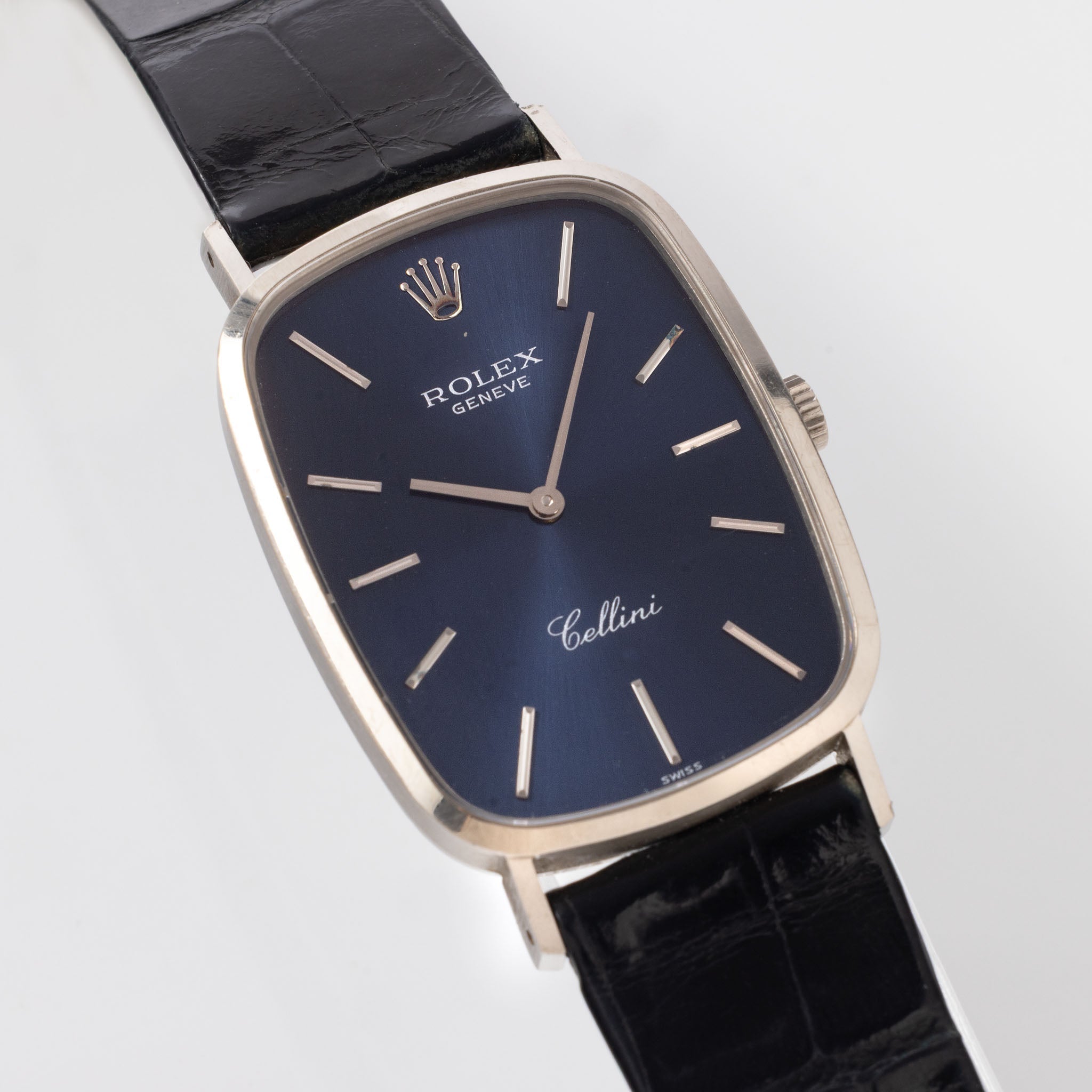 Rolex Cellini Blue Dial Rectangular Case in 18K White Gold Ref. 4113 Box and Paper Set