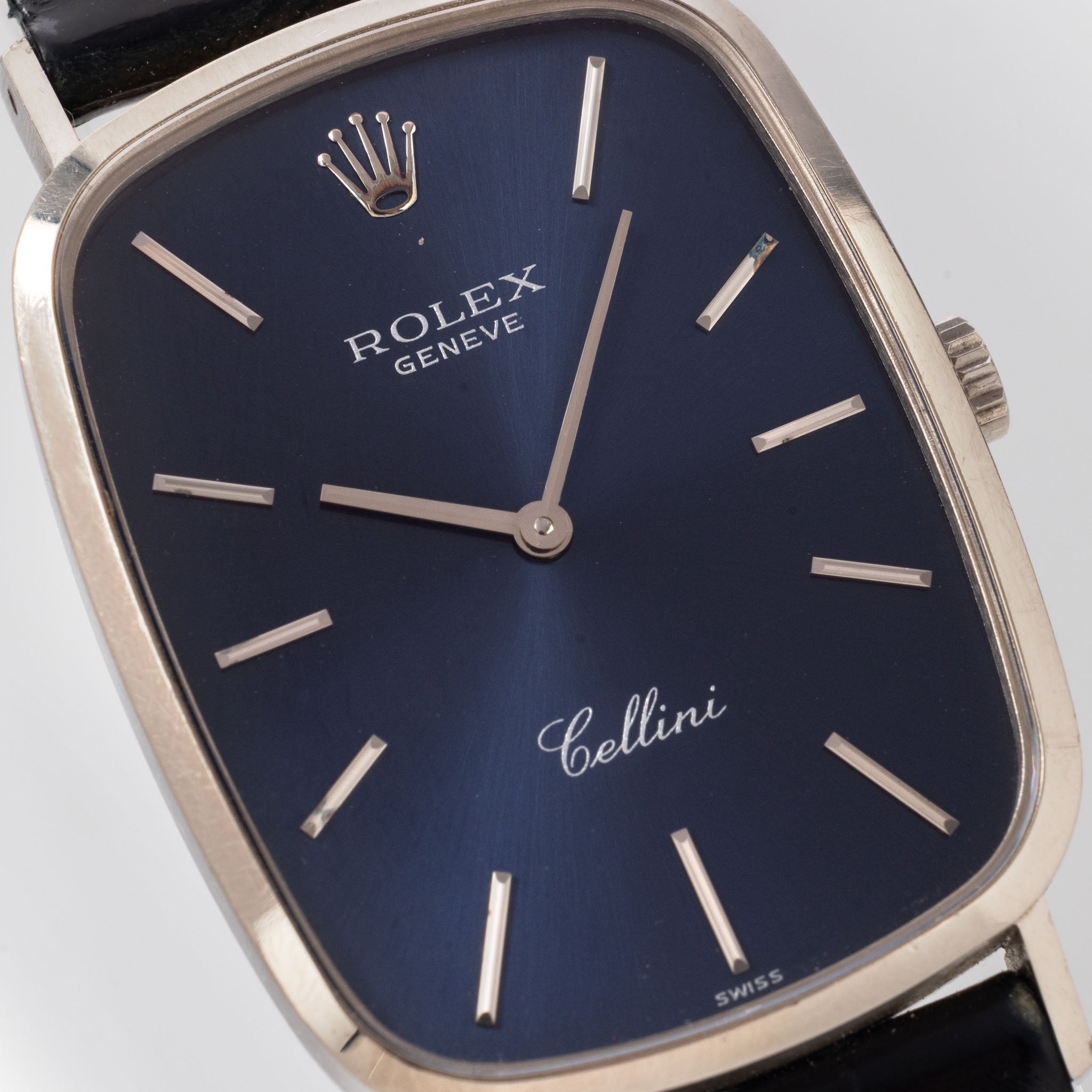 Rolex Cellini Blue Dial Rectangular Case in 18K White Gold Ref. 4113 Box and Paper Set