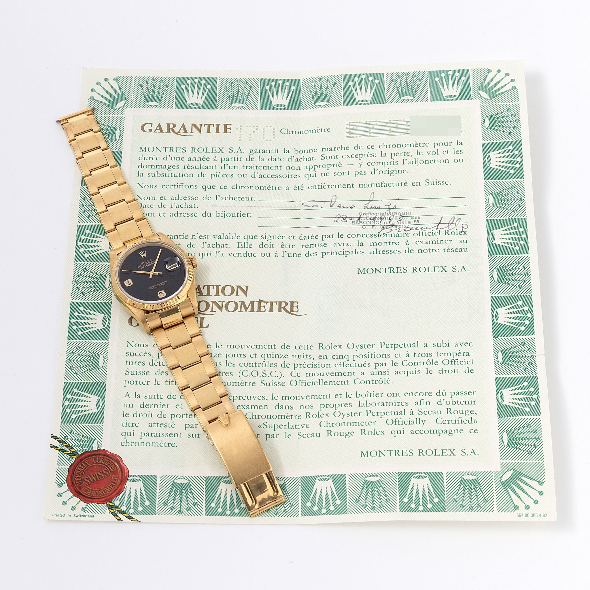 Rolex Datejust 16238 "Onyx 6-9  Diamond Dial" with Original Warranty Paper in 18k Yellow Gold