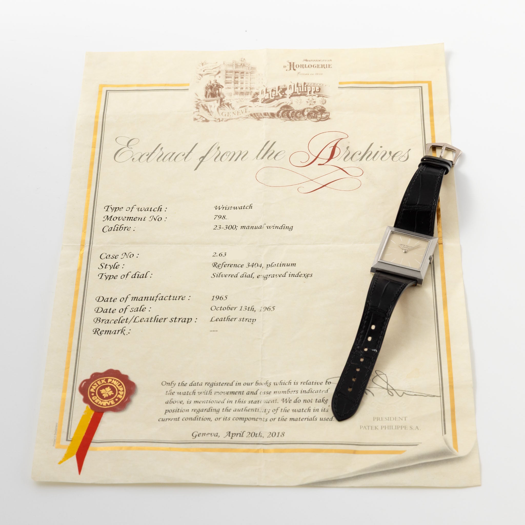 Patek Philippe Square Gondolo Dresswatch 3404P Silver Engraved Dial with Extract of the Archives