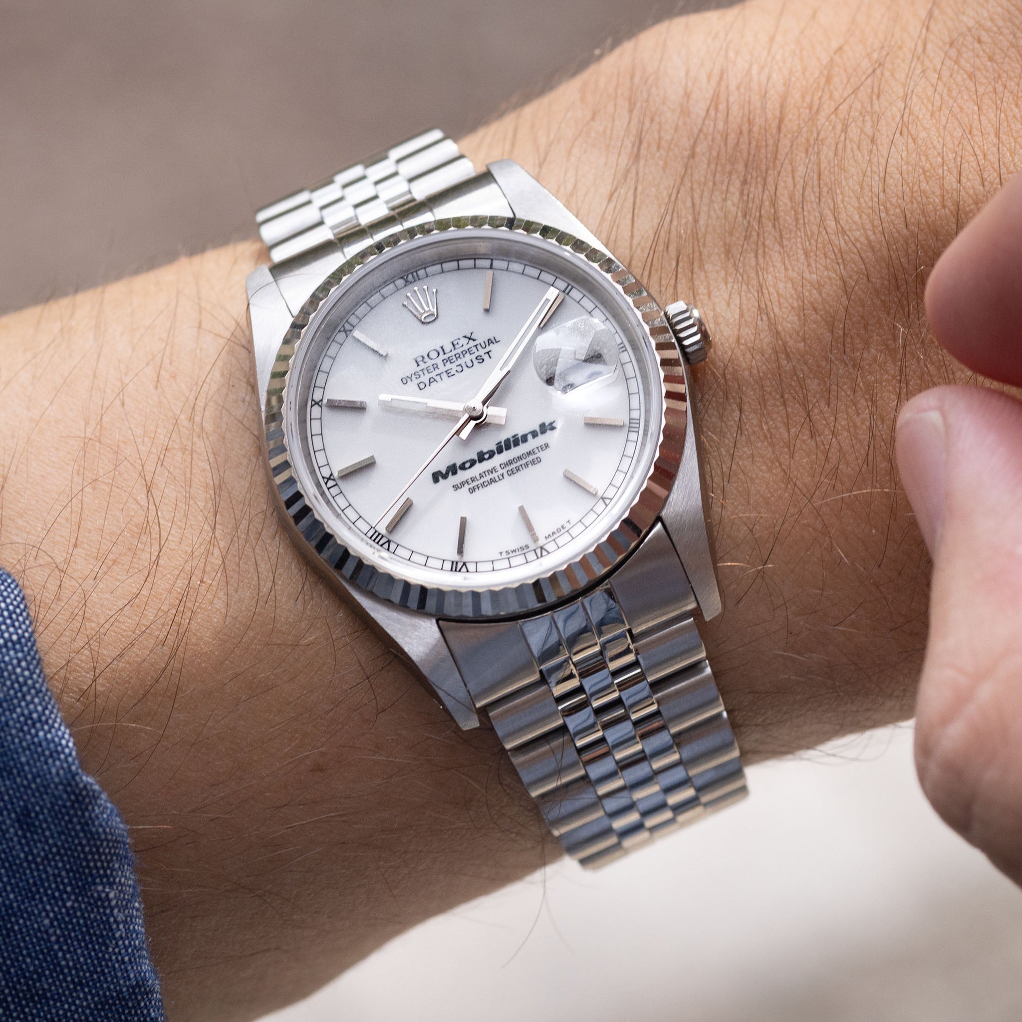 Rolex Datejust 16234 Porcelain White Dial Mobilink logo