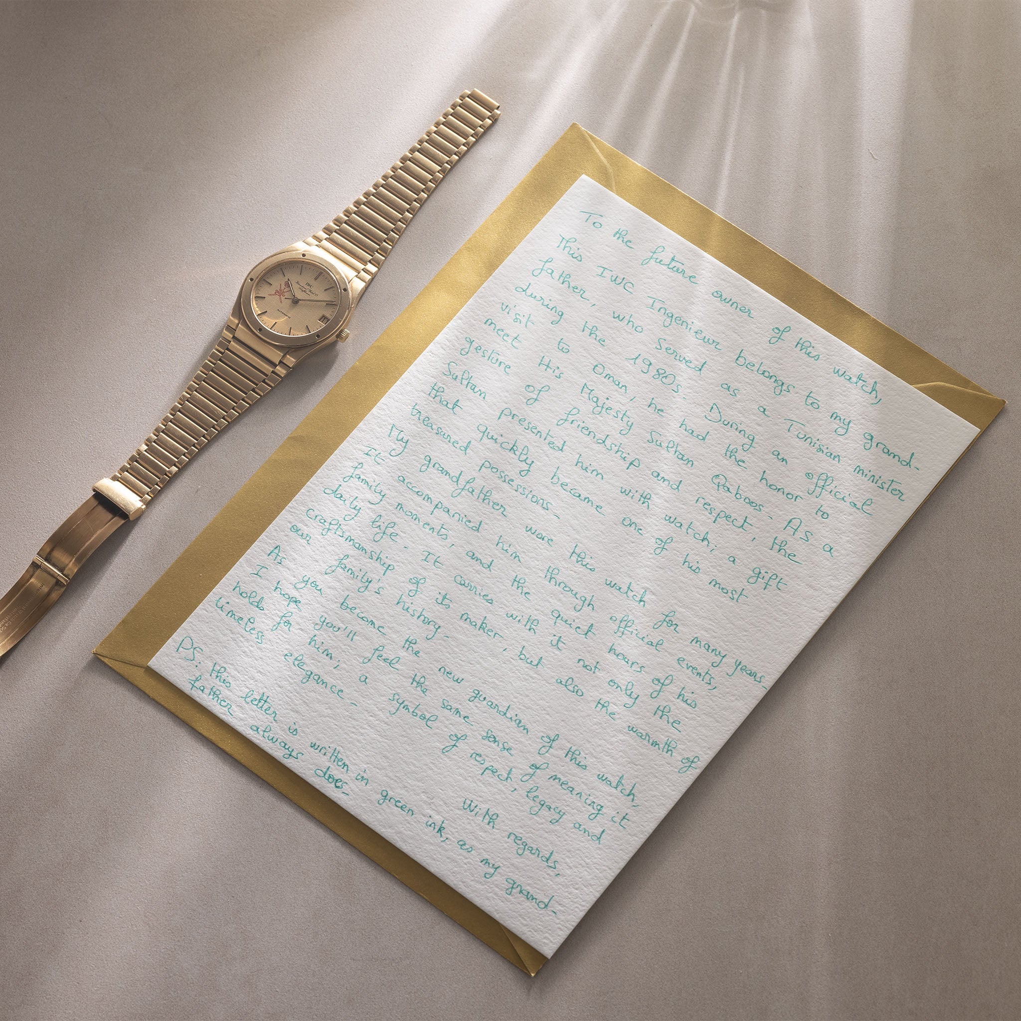 IWC Ingenieur SL ref. 9227 Linen Khanjar Dial from Original Owner Family with Box, Booklets, Original Certificate of Origin and Provenance in 18k yellow gold