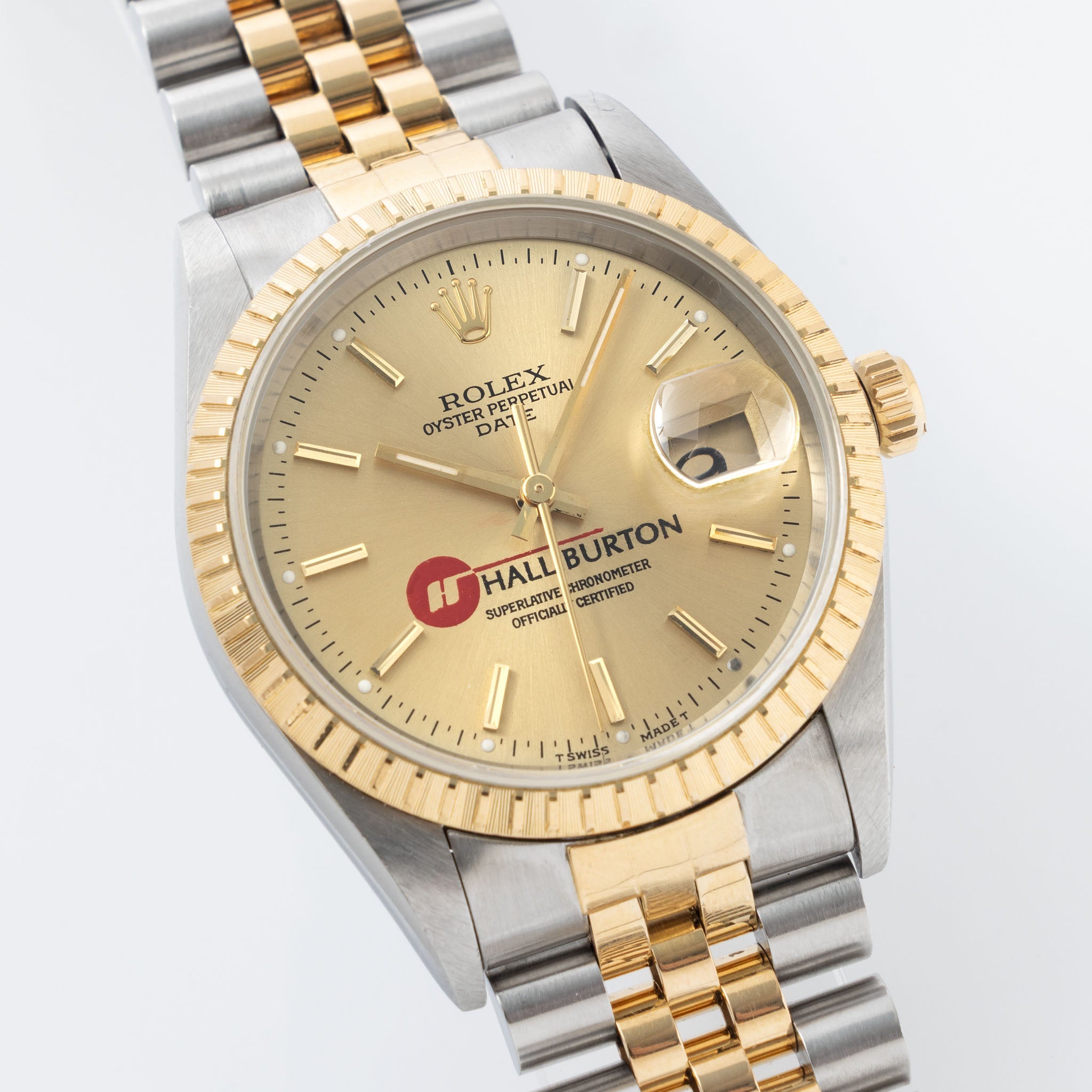Rolex Oyster Perpetual Date Champagne Halliburton Logo Dial Box and Paper Set in Steel and Gold ref. 15223