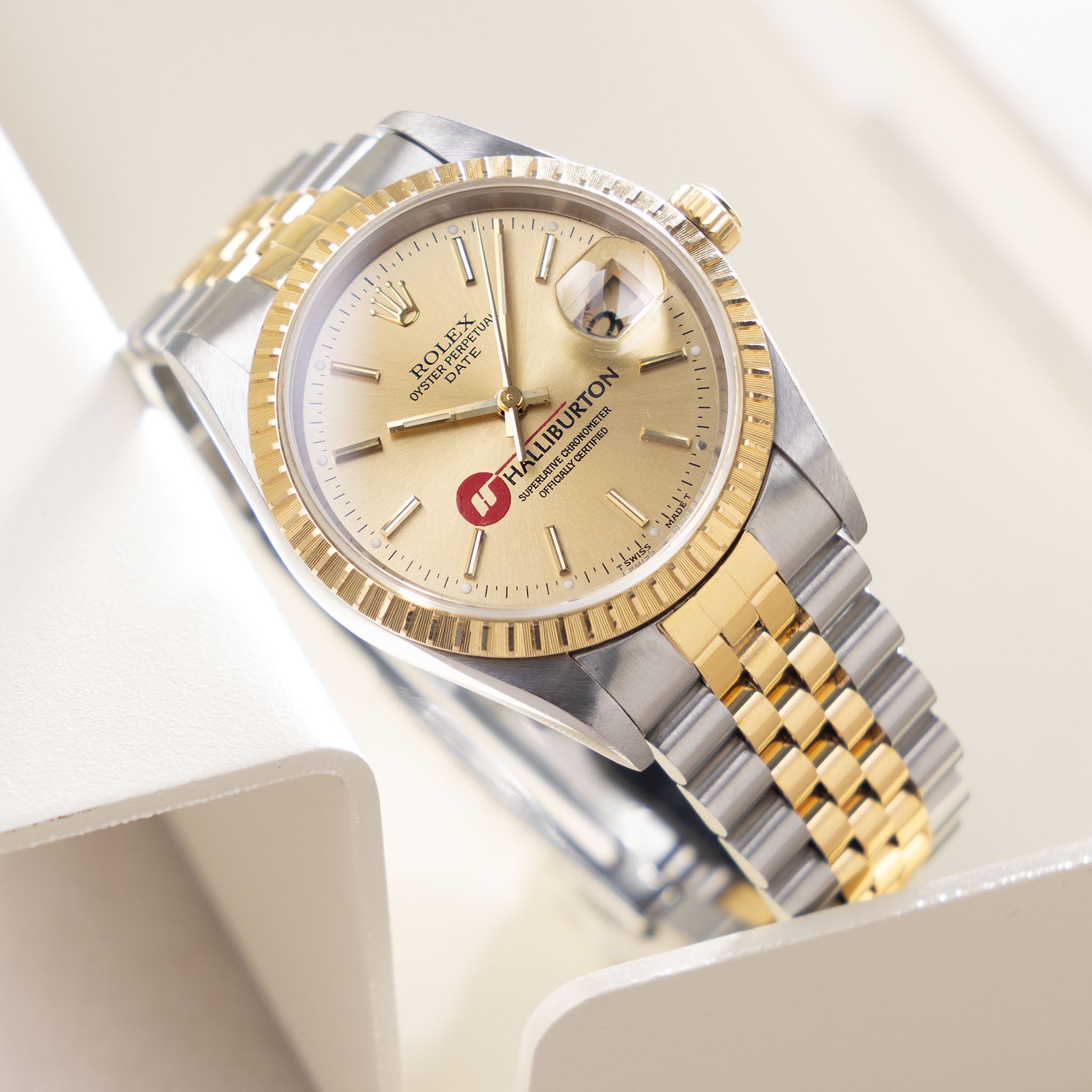 Rolex Oyster Perpetual Date Champagne Halliburton Logo Dial Box and Paper Set in Steel and Gold ref. 15223