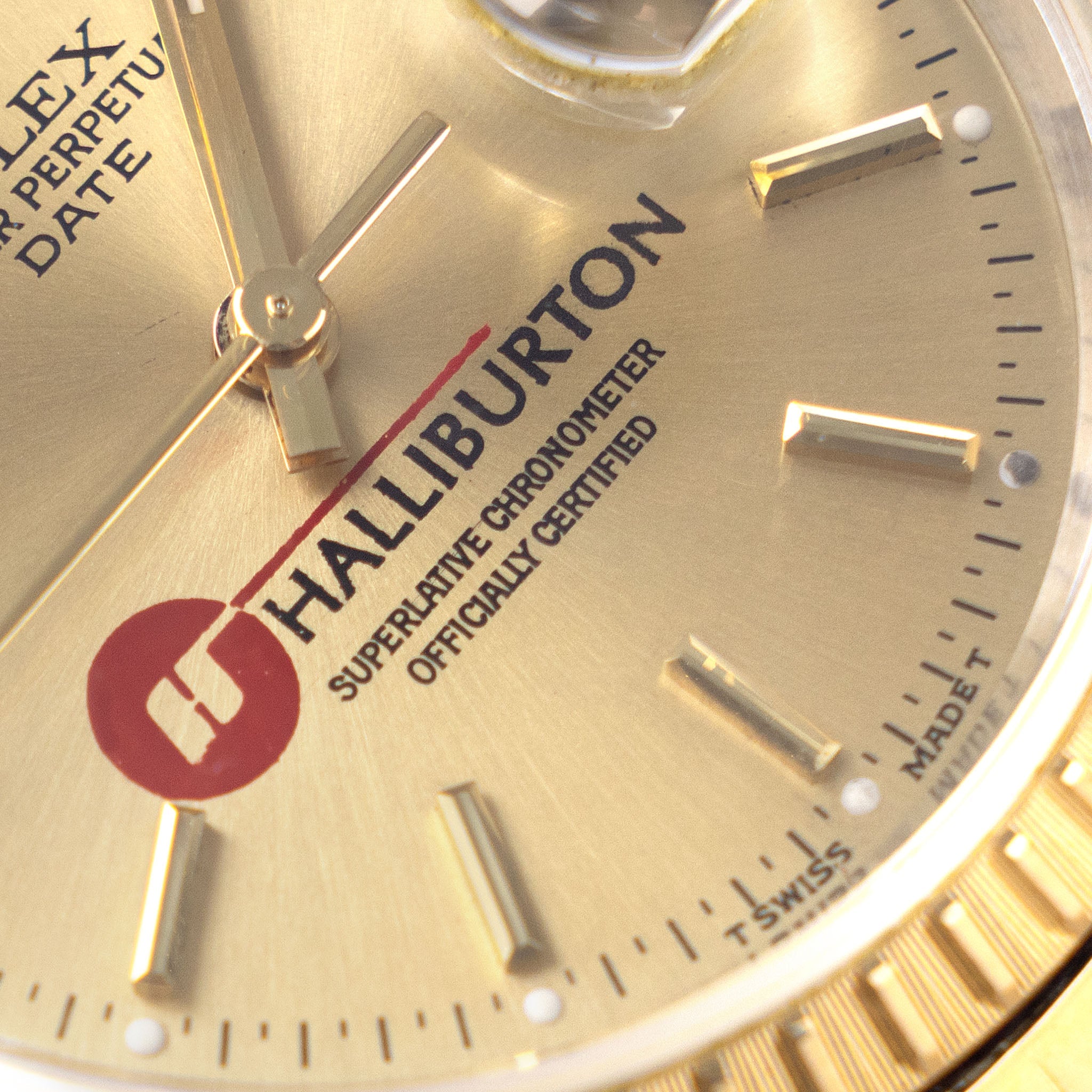 Rolex Oyster Perpetual Date Champagne Halliburton Logo Dial Box and Paper Set in Steel and Gold ref. 15223