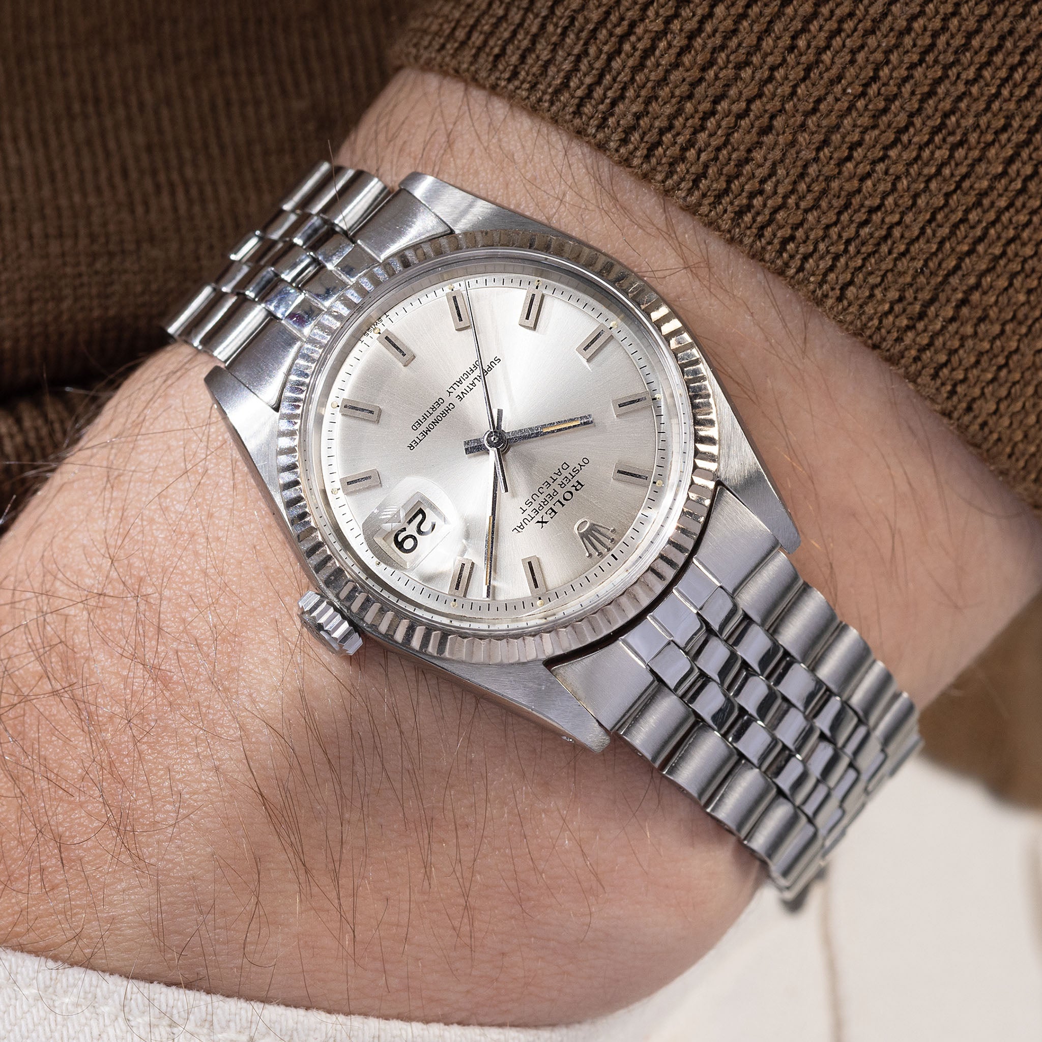 Rolex Datejust rare Singer "block markers silver dial " with box and double punched papers ref 1601