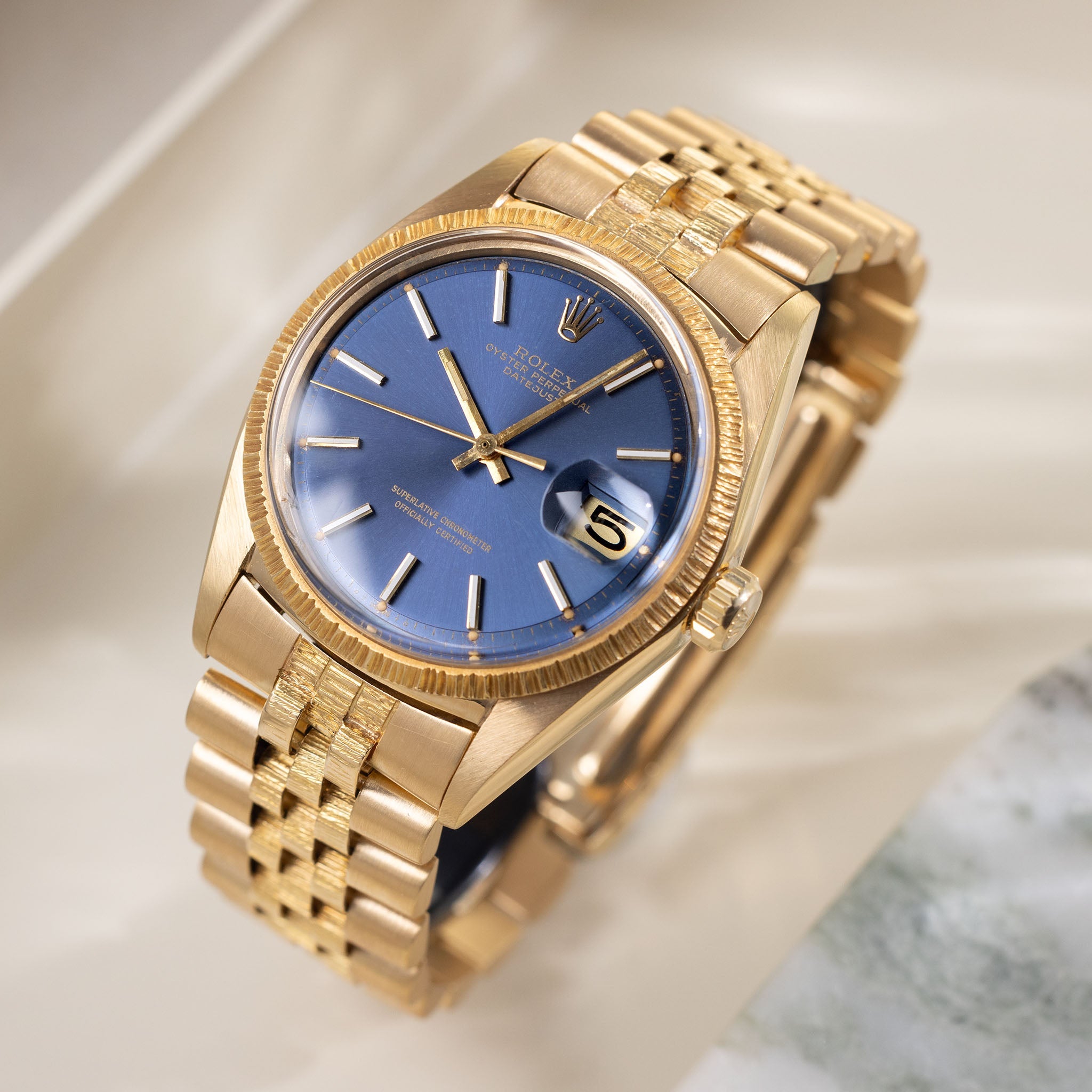 Rolex Datejust Blue Sigma Dial "Bark" Finish Ref. 1607 in 18k Yellow Gold