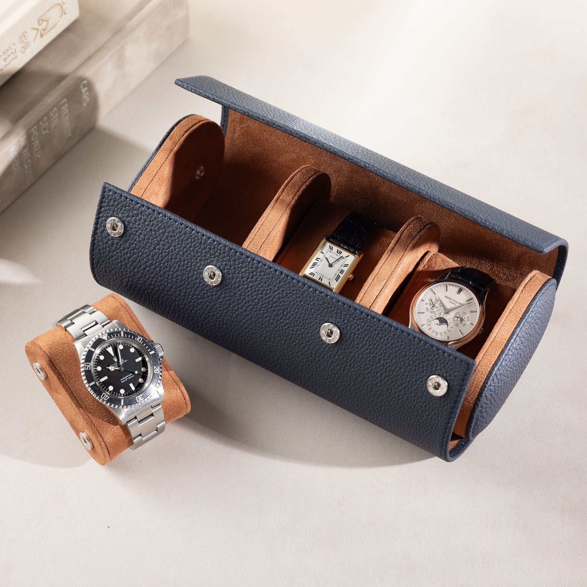 Oval 3 Watch Dark Blue Leather Watch Box
