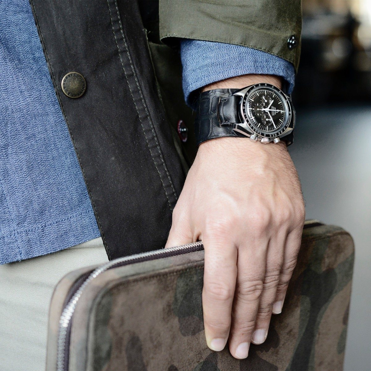 Black Croco Leather Bund Strap