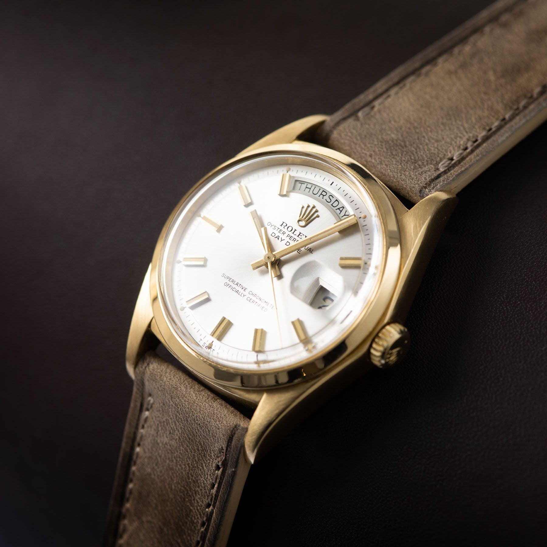 Rolex Day-Date Yellow Gold Wide Boy Dial 1802 on a Bulang and Sons Watch Strap