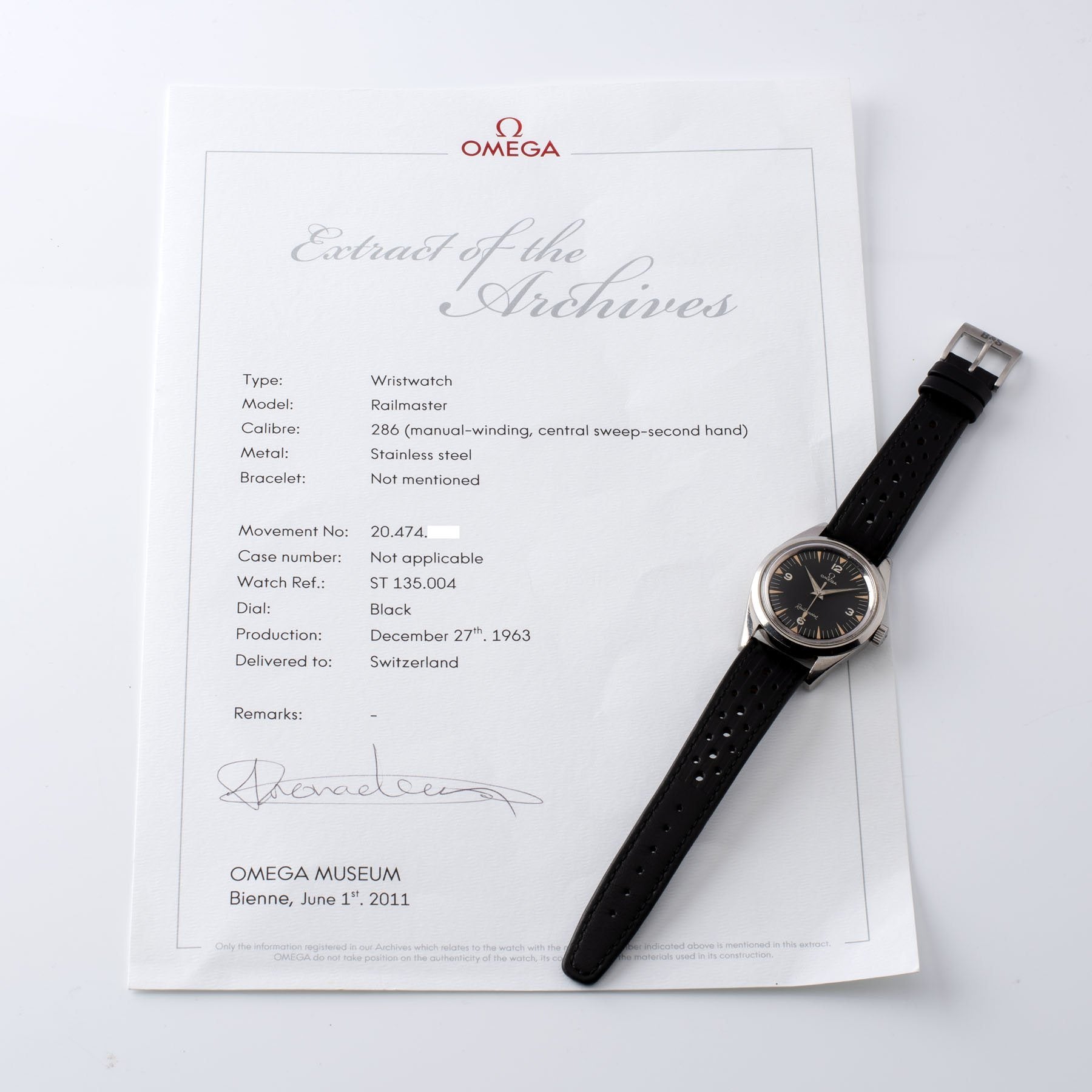 Omega Railmaster 135.004-63 with Archive Extract