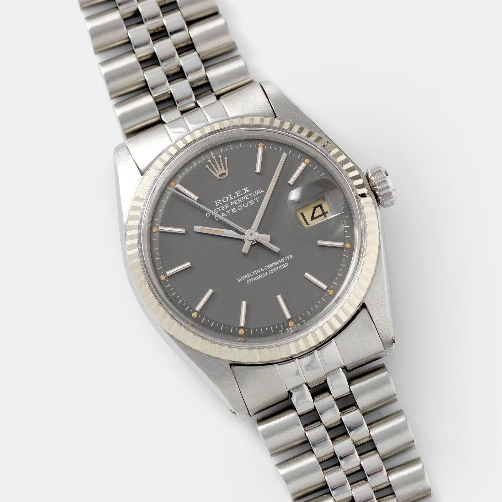 Rolex Datejust 1601 Grey Pie Pan Dial with crisp white gold bezel