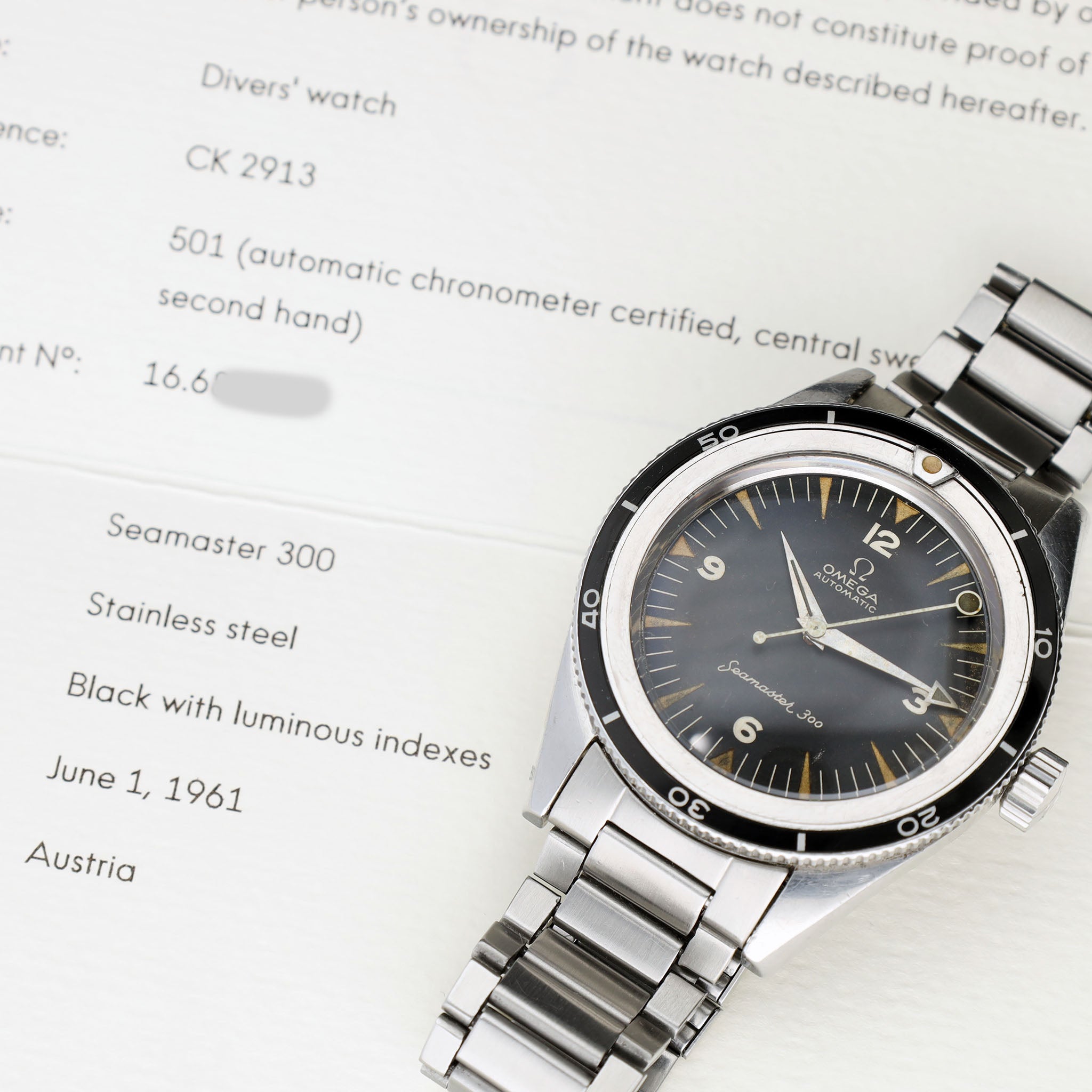 Omega Seamaster 300 ref. 2913/7 Big Lollipop with extract of the archives